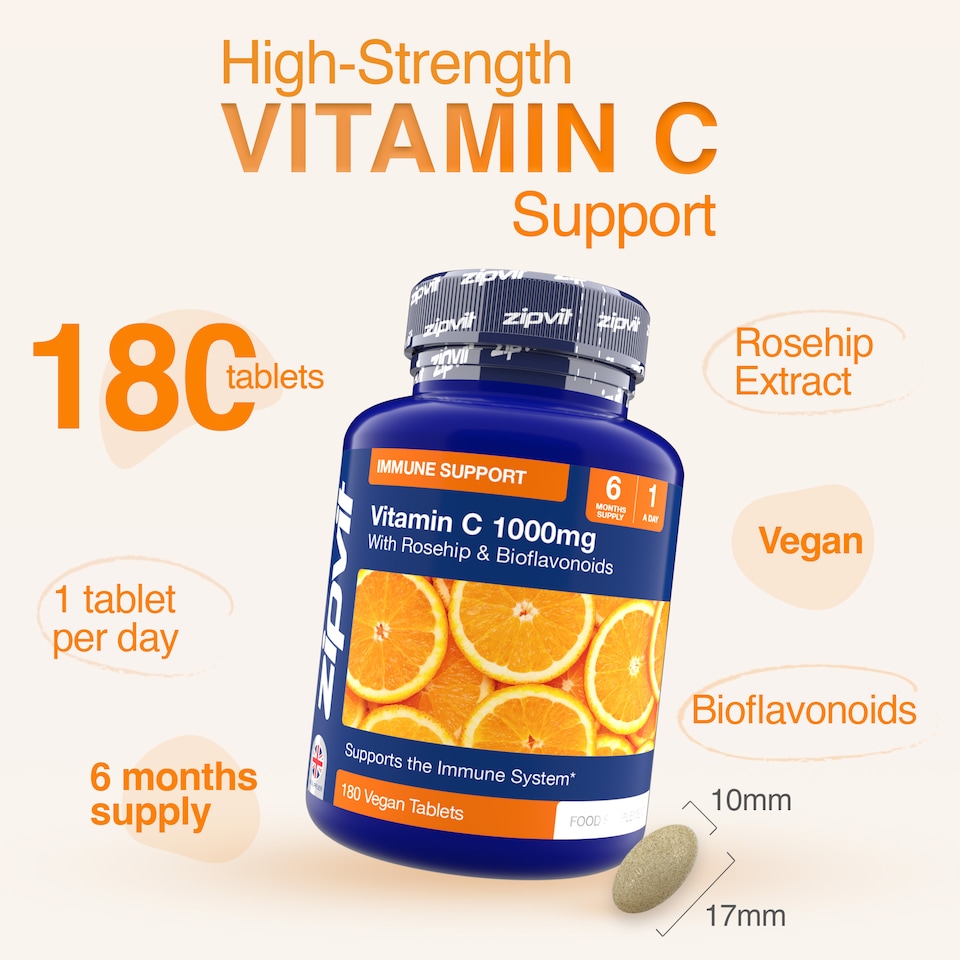 image 1 of Zipvit Vitamin C 1000mg with Rosehip & Bioflavonoids, Immune, Energy & Collagen Support, 180 Vegan Tablets, 6-Month Supply