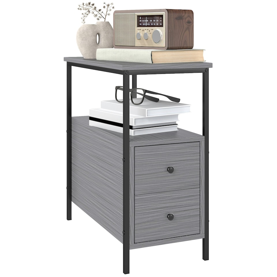 image 1 of HOMCOM Narrow End Table, Sofa Side Table with 2 Drawers Storage Shelf, Grey Grey