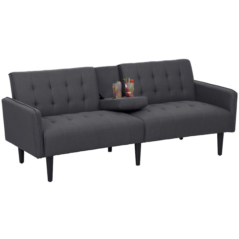 image 1 of HOMCOM Click Clack Sofa Bed, Linen-Feel Fabric 3 Seater Sofa for Living RoomSpare RoomGuest Room, Bed Settee with Cup Holders, Grey