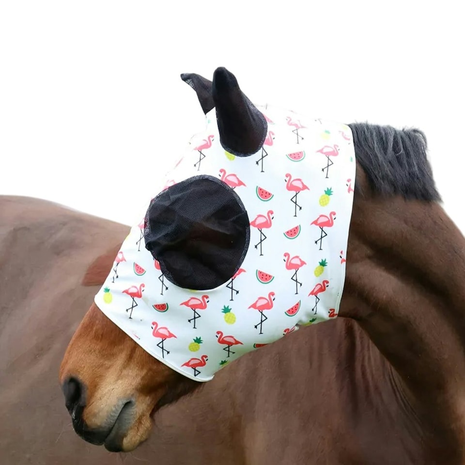 image 1 of Hy Flamingo Lycra Horse Fly Mask - White/Pink - Cob