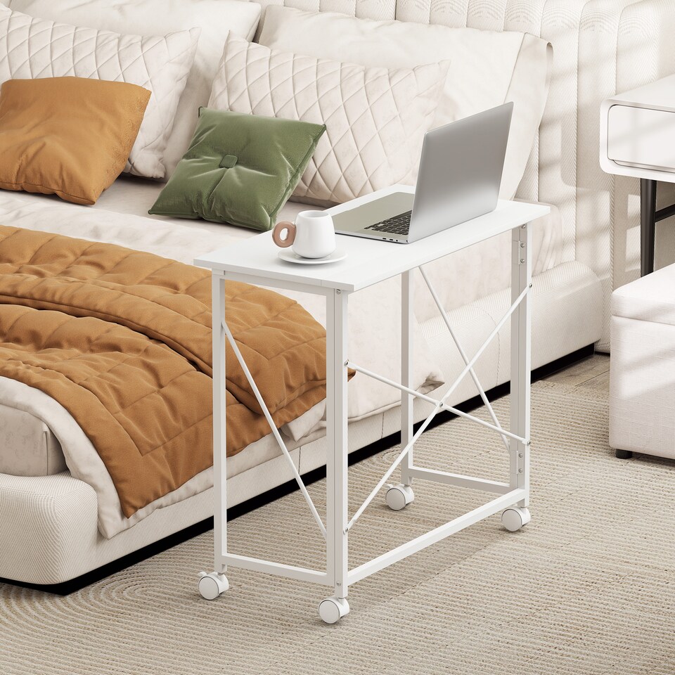 image 1 of HOMCOM Folding Desk on Wheels, Writing Table for Home Office, White | White