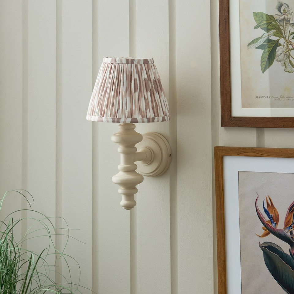 image 1 of Carnaby Satin Almond White Paint Wall Light with Neutral Print Fabric Ikat Shade 20cm B22