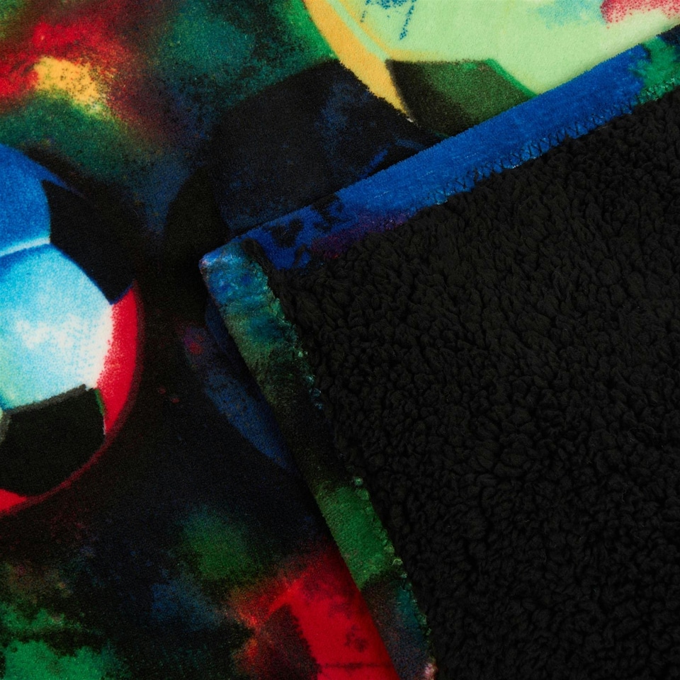 image 1 of OHS Kids Football Printed Throw Warm Plush Sherpa Flecce Reverse Over Bed Super Soft Blanket, 100x120cm | Multi | Neon Multi