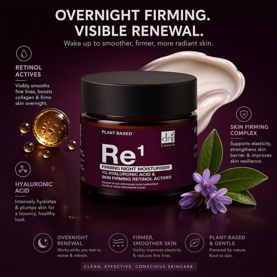 image 1 of Dr Botanicals Firming Anti-Ageing Night Moisturiser with 1% Hyaluronic Acid & Skin Firming Retinol Actives 60ml for Hydration and Plumping