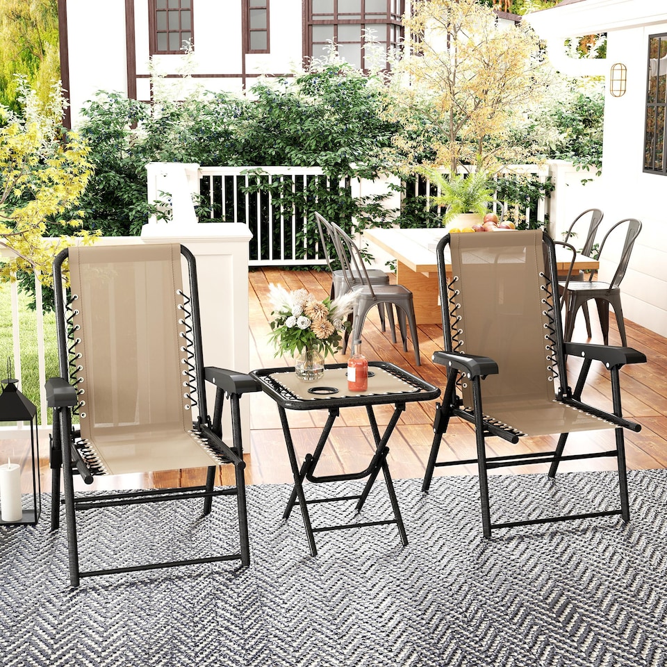 image 1 of Outsunny 3 Pieces Folding Garden Bistro Set with Cup Holders, Khaki