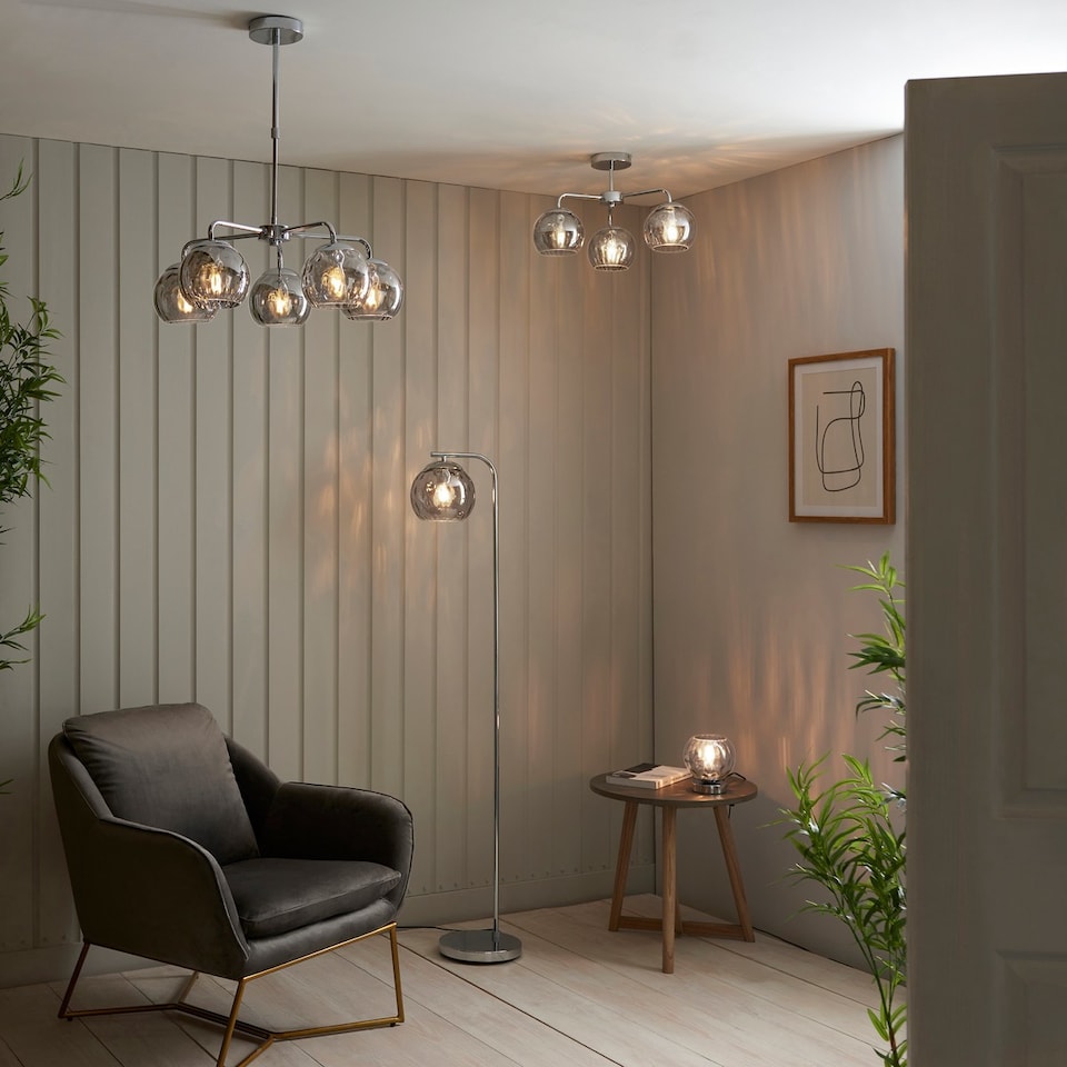 image 1 of Dimple Multi Arm Glass Pendant Ceiling Lamp, Chrome Plate, Smoked Mirror Glass