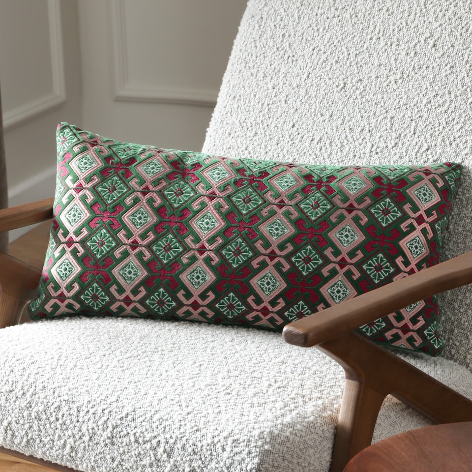 image 1 of Paoletti Laurel Embroidered Velvet Cushion, Cerise/Jade, 30 x 60cm