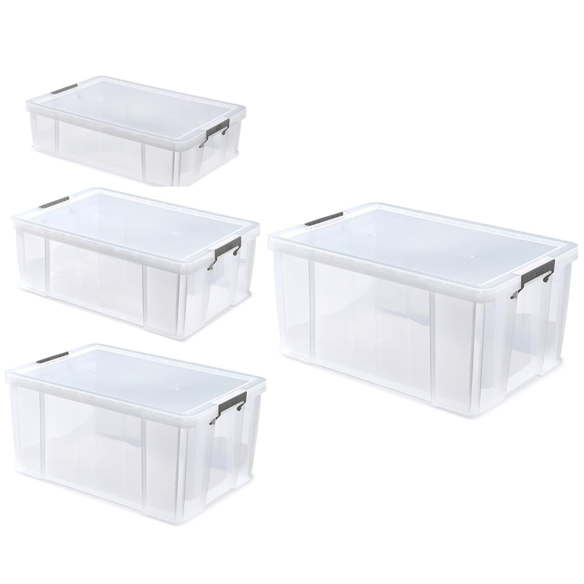 Whitefurze Set of 4 Allstore Storage Boxes with Lids & Silver Clamps 37L to 85L