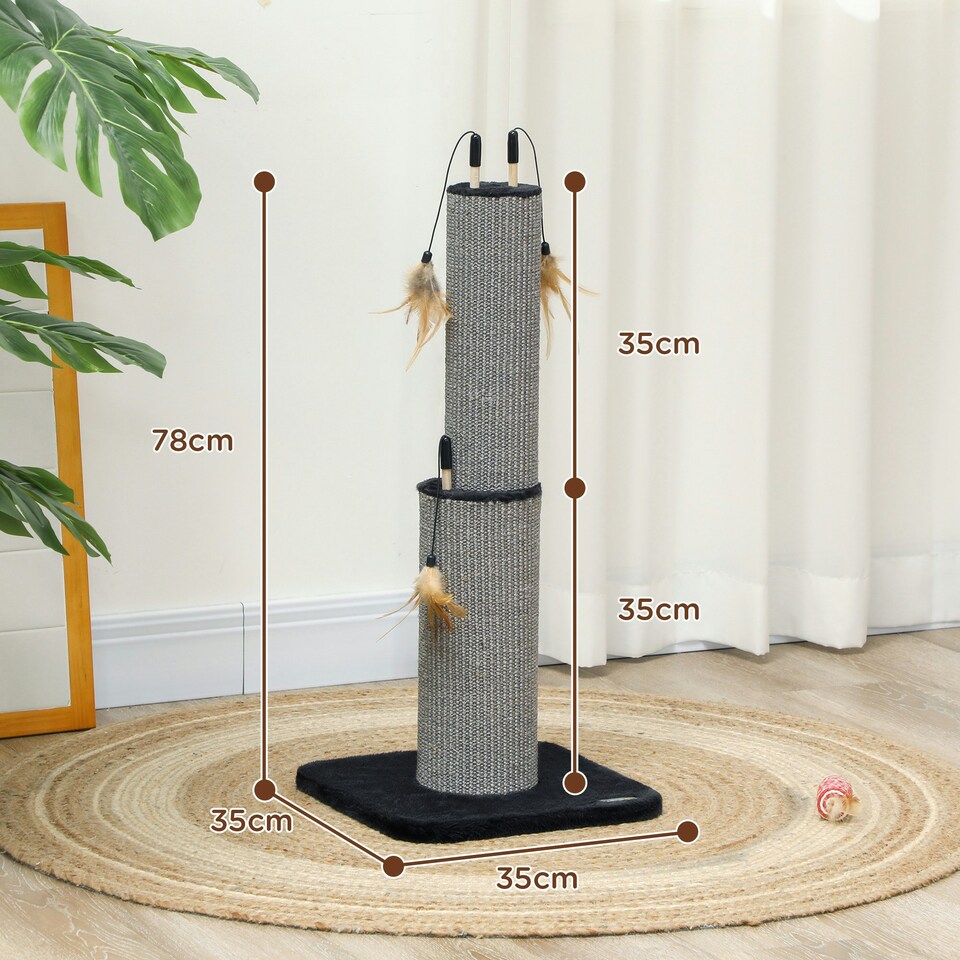 image 1 of PawHut Cat Scratch Post 2-in-1 with 3 Toy Feathers, 78cm Tall, Black