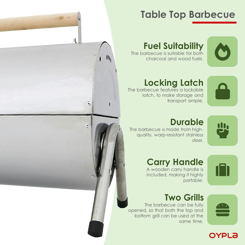 image 1 of Oypla Portable Camping Stainless Steel Barrel BBQ Charcoal Barbecue Table Top