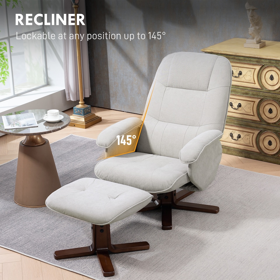 image 1 of HOMCOM Swivel Recliner Chair with Footstool and Wooden Base, Light Grey