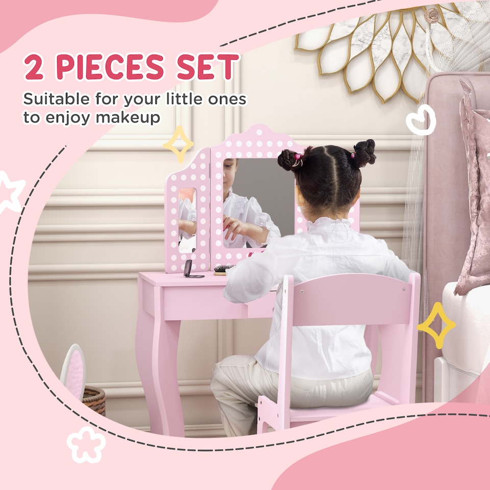 image 1 of AIYAPLAY Kids Dressing Table Set Make up w Stool, Drawer, for Playroom | Pink