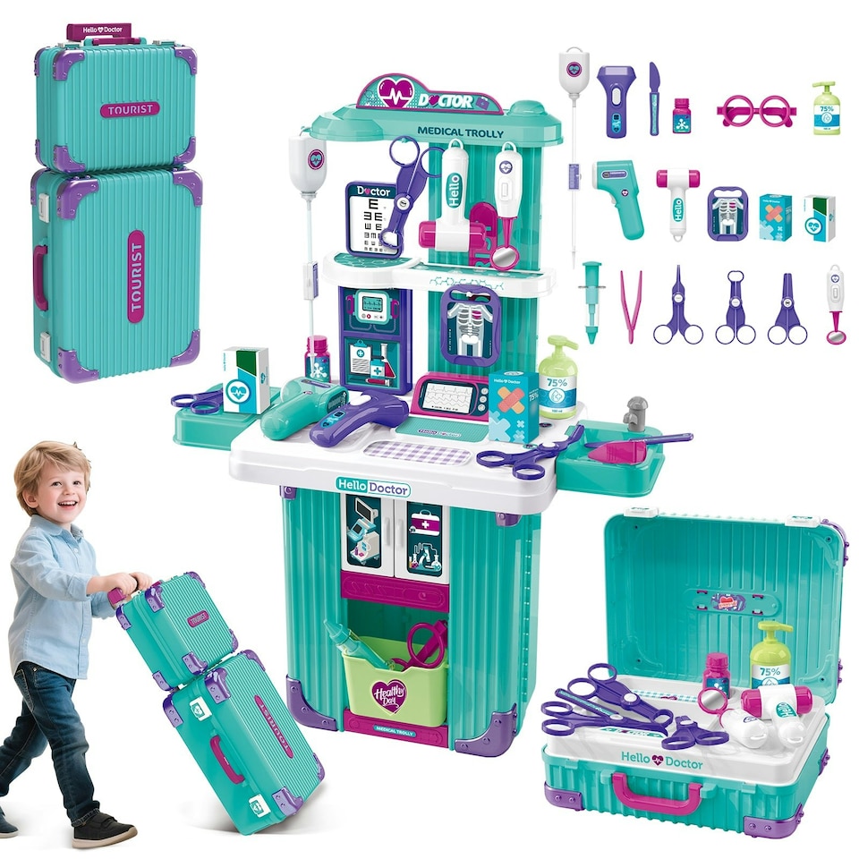 image 1 of Interactive Doctor Playset with Medical Trolley Cart Pretend Medical Tool Box Play Toy for Kids, Toddlers - Includes Doctor Tools & Accessories