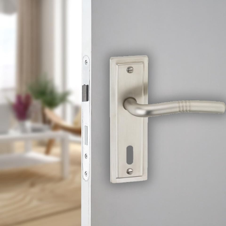 image 1 of Nevada Metal Lever Latch Door Handles Set Round Rose Internal & External | Silver | Satin Nickel Keyhole | 1