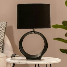 ValueLights Tia Pair of Black Hoop Ceramic Bedside Table Lamps with a Fabric Lampshade - Bulbs Included