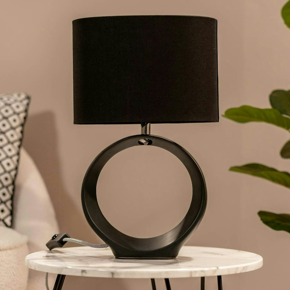 image 1 of ValueLights Tia Pair of Black Hoop Ceramic Bedside Table Lamps with a Fabric Lampshade - Bulbs Included