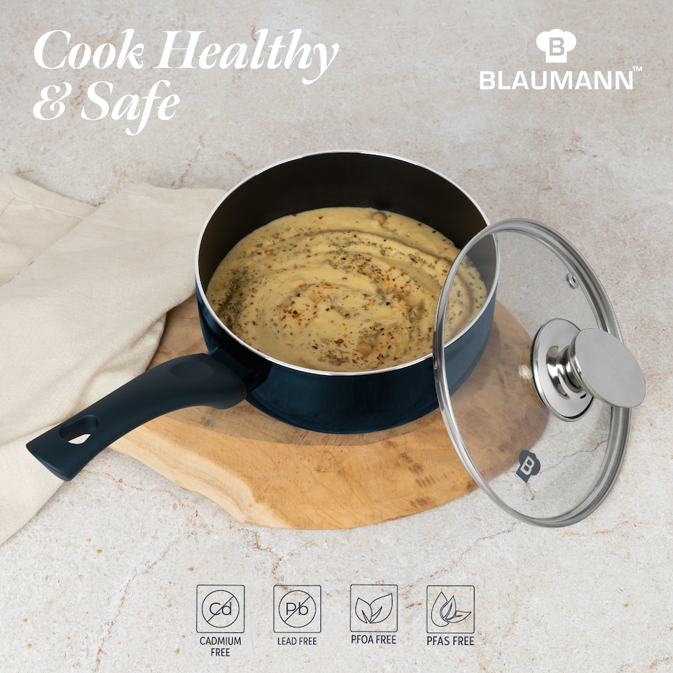 image 1 of Blaumann Cookware Frying Grill Pots Pan Saucepan Casserole Soft Touch Handle Lid | Black | Aquamarine | 18x8cm - Saucepan with Glass Lid - 1.65L