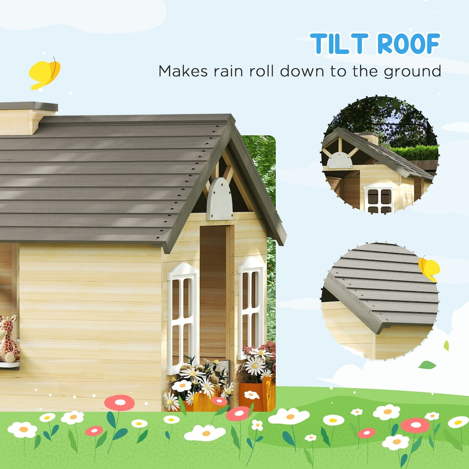 image 1 of Outsunny Wooden Kids Playhouse w/ Door, Windows, Bench, For Ages 3-7 Years