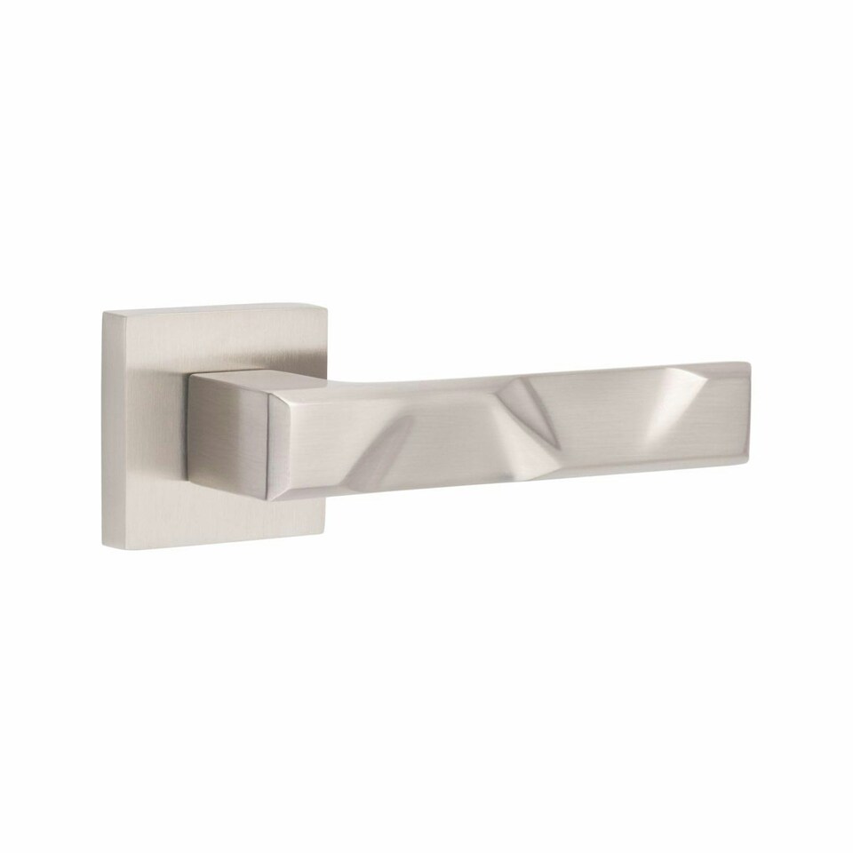 image 1 of Golden Grace 1 Pair Modern Nova Premium Design Door Handles on Square Rose in Satin Nickel Finish with 3" Ball Bearing Hinges and 2.5" Tubular Latch Grey