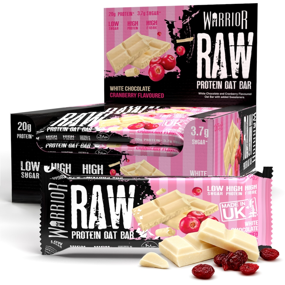 image 1 of Warrior RAW Protein Bars 12 x 75g – 20g High Protein Bar, Low Sugar High Fibre Oat Protein Flapjack – Protein Snacks, Meal Replacement Bars (White Chocolate Cranberry)