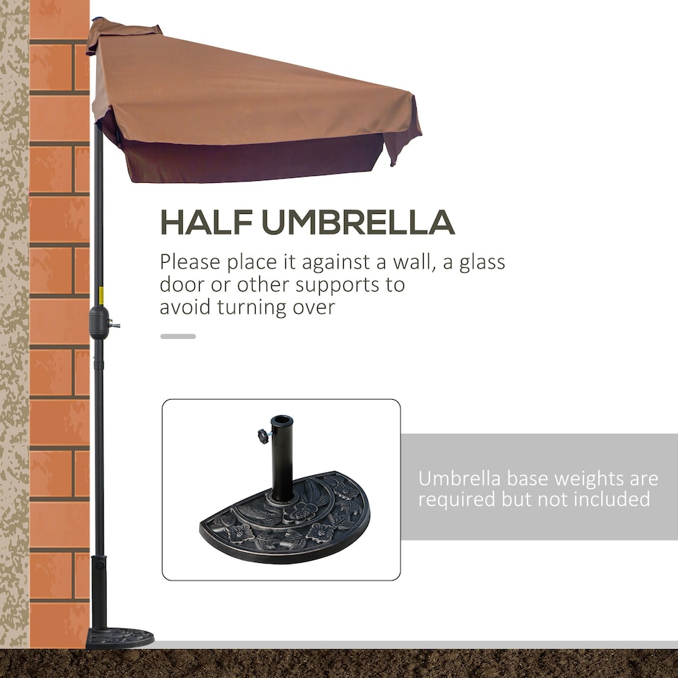 image 1 of Outsunny 2.3m Half Round Parasol Garden Sun Umbrella Metal w/ Crank Brown