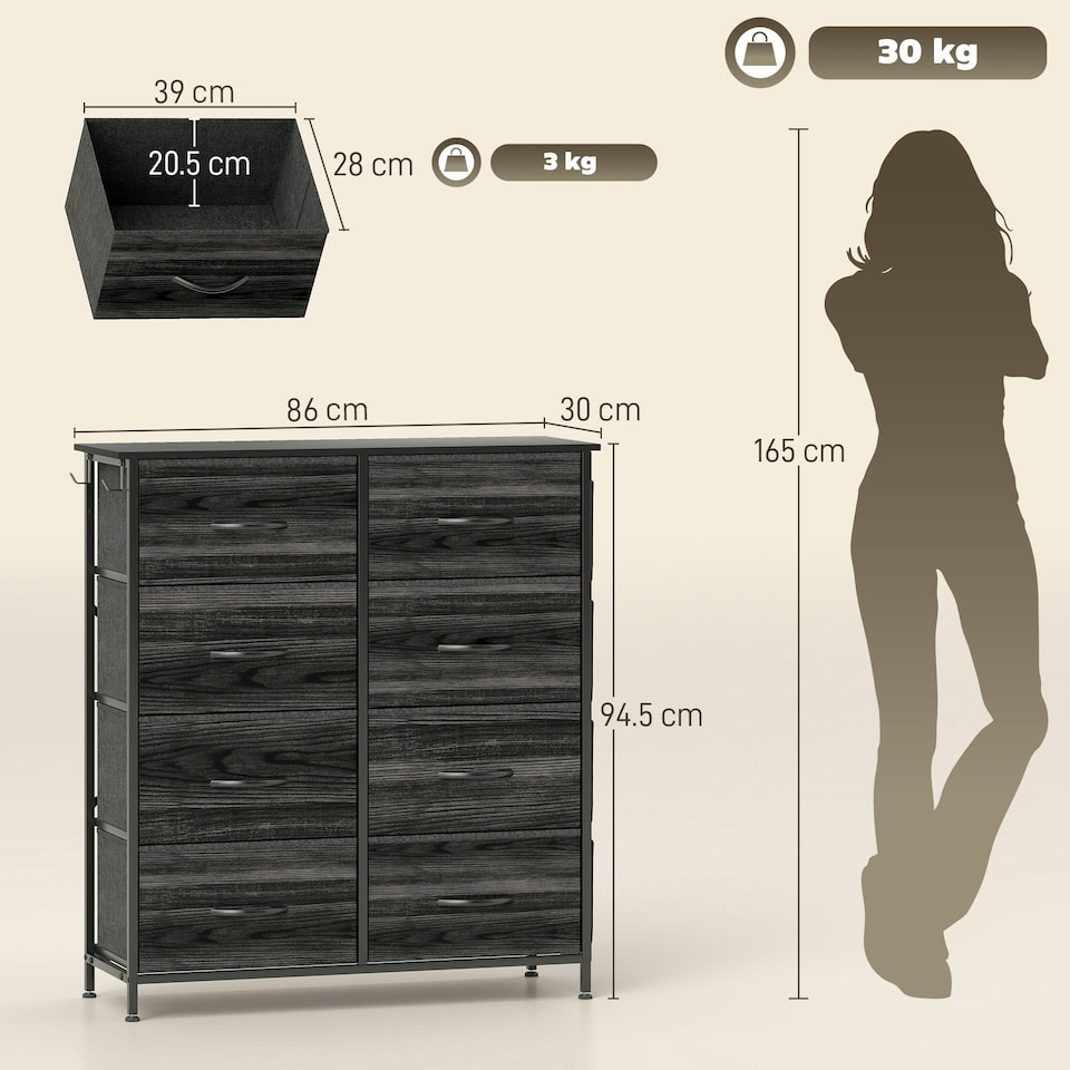 image 1 of HOMCOM Fabric Chest of Drawers, 8 Drawer Dresser for Bedroom, Black | Black | One Size | 1