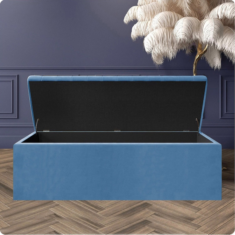 image 1 of 150cm Safar Large Striped Storage Ottoman Box, Duck Egg Plush Velvet Upholstered Deep Storage Ottoman End of Bed Bench