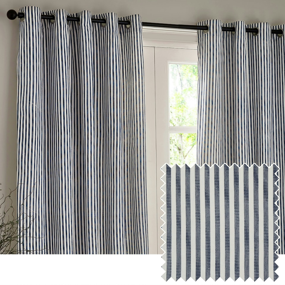 image 1 of Yard Hebden Striped Cotton Navy Eyelet Curtains 117 x 137cm Multi