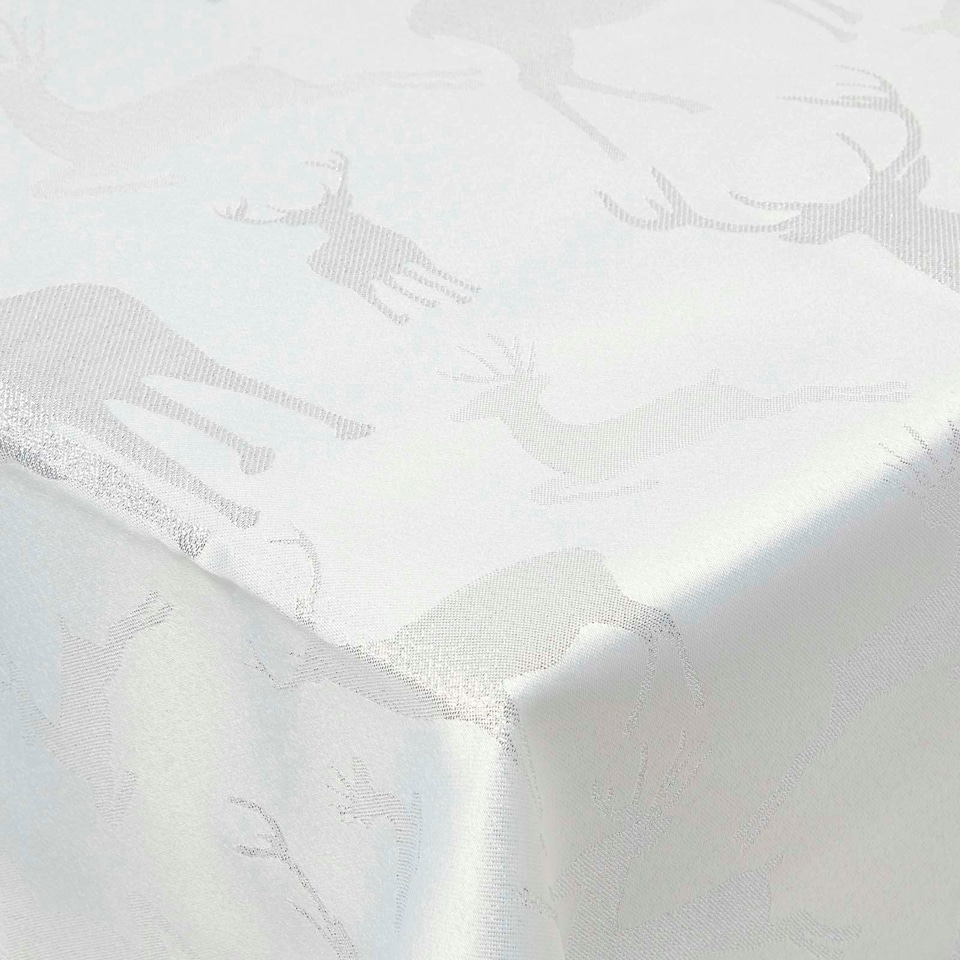 image 1 of Homescapes Silver Stag Christmas Table Cloth - 132 x 178 cm | Silver | 132 x 178 cm