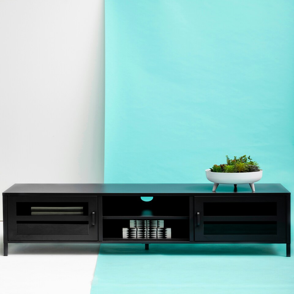 image 1 of Interiors by Premier Industrial Design Two Door Black Media Unit, Durable Construction Of TV Stand, Versatile Modern TV Cabinet | Black