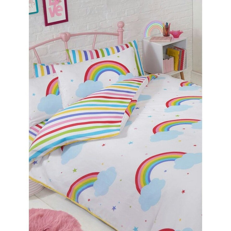 image 1 of Bedding & Beyond Childrens/Kids Rainbow Duvet Cover Set - White/Blue - Double | White | Double