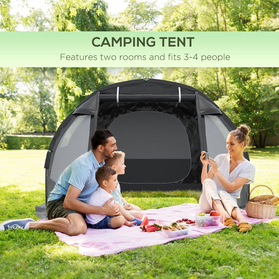 image 1 of Outsunny 3-4 Persons Tunnel Tent, Two Room Camping Tent w/ Windows, Black