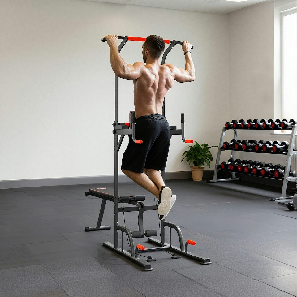 image 1 of HOMCOM Multifunction Home Workout Station Tower Steel Frame w/ Bench Bars Ropes