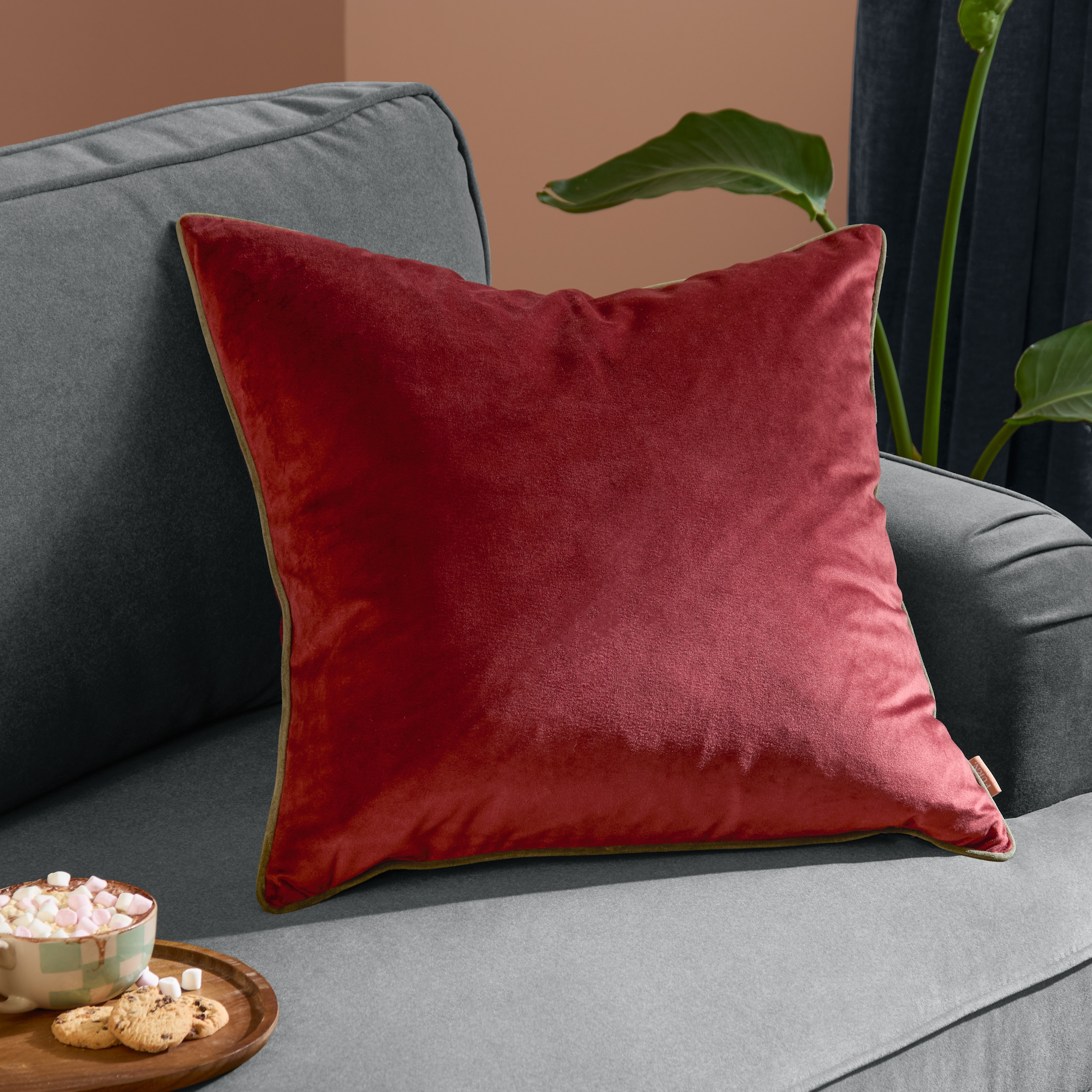Furn Meridian Plain Velvet Piped Cushion in Dark Red | Size: 55 cm x 55 cm