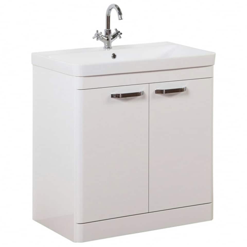 image 1 of Bathroom 2-Door Floor Standing Vanity Unit with Basin 800mm Wide White 1 Tap Hole - White Gloss - Brassware Not Included | White | White | 1