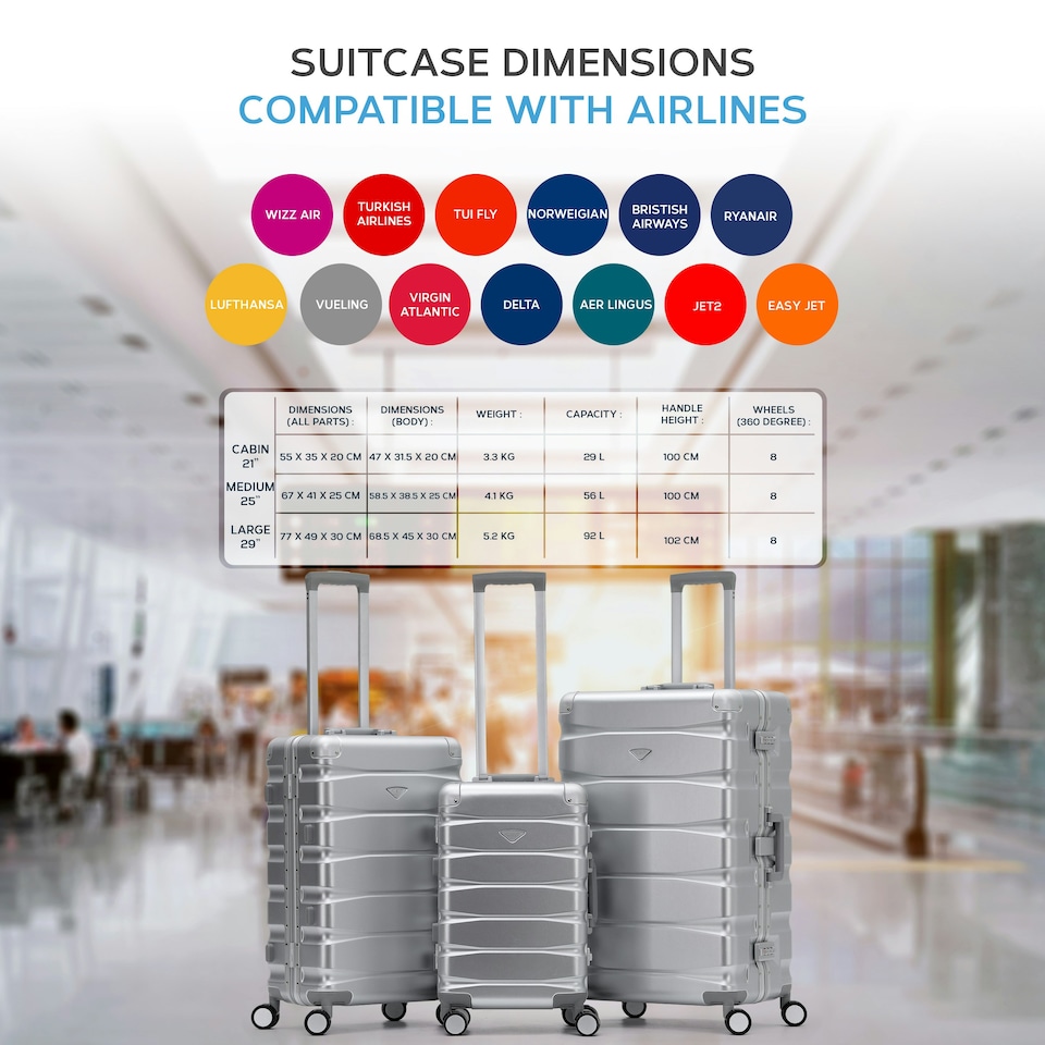 image 1 of Flight Knight Premium Travel Suitcase - 8 Wheels Built-in TSA Lock Aluminium Frame, ABS Hard Shell Carry on Check in Luggage - 100+ Airlines Approved Silver | Large