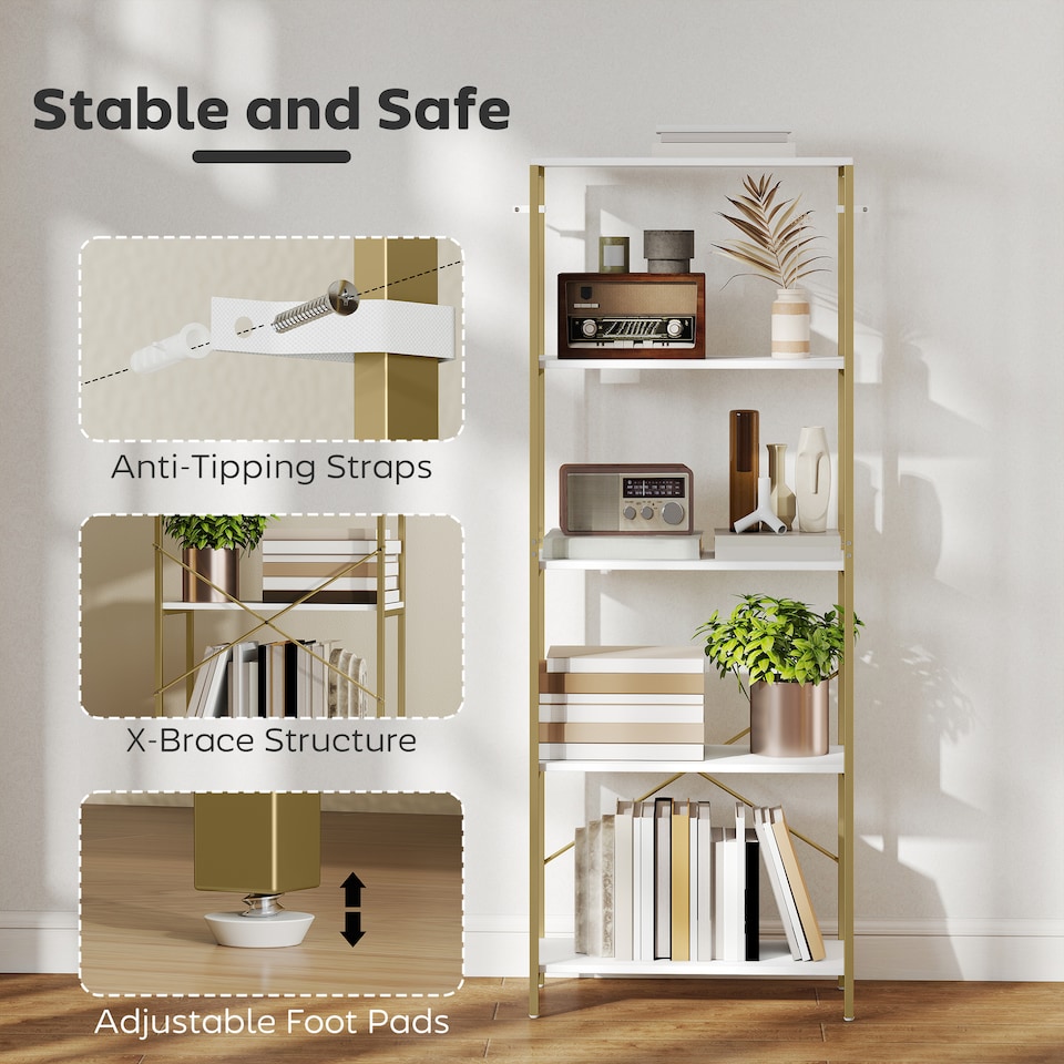 image 1 of HOMCOM 5-Tier Bookshelf, Modern Bookcase, Floor Standing Book Shelf with Metal Frame, Open Display Shelving Unit for Living Room, Home Office and Bedroom, White and Gold Tone | White | White and Gold Tone