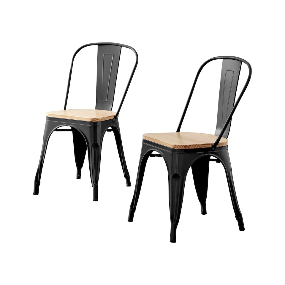 image 1 of Furniturebox 2x Colton 'Tolix' Style Black Metal Dining Chairs Wood Seat