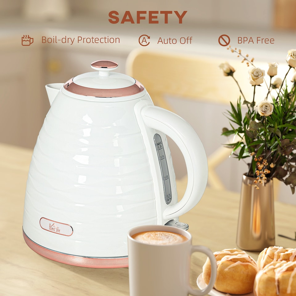 image 1 of HOMCOM Electric Kettle 1.7L, Fast Boil, 3kW Cordless Water Kettle with Removable Washable Anti-scale Filter, UK Otter Thermostat, Auto Shut-off, 360degree Swivel, BPA Free, Cream White Water Ripple Texture