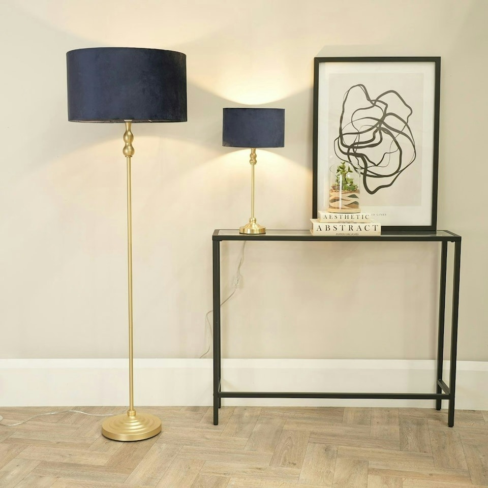 image 1 of ValueLights Maggie Gold Metal Candlestick Slim Table Lamp with Navy Blue Velvet Drum Lamp Shade Gold