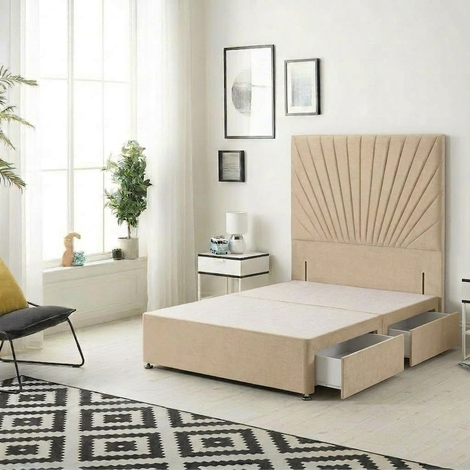image 1 of Sunburst Divan Bed with 4 Drawers & 54'' Floor Standing Headboard Plush Velvet | Brown | Beige