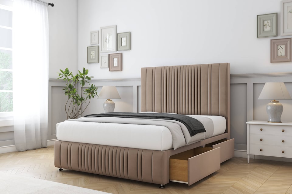 image 1 of Sloomy Kingsley Mink Plush Divan Bed With Mattress 2 Drawers Footend With 54" Floor Standing Headboard & 12" Matching Footboard 4'6 Double | Brown | Mink | Double | 1