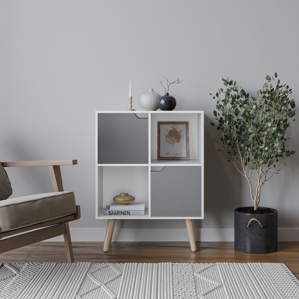 image 1 of White 4-Cube Storage Unit with 2 Wooden Doors and Legs | Grey | Grey & Beech | 1