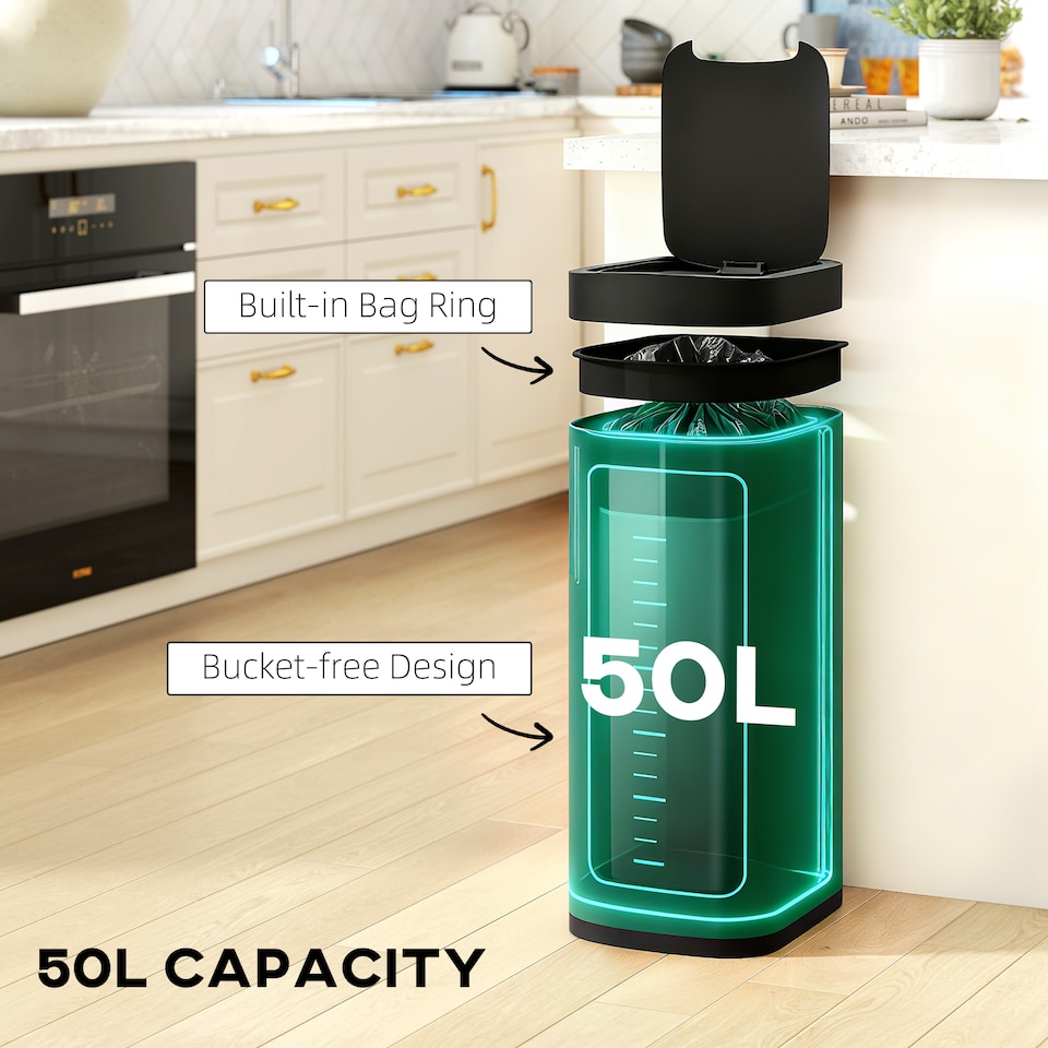 image 1 of HOMCOM 50L Sensor Bin, Touchless Kitchen Bin, Battery Operated, Dark Green