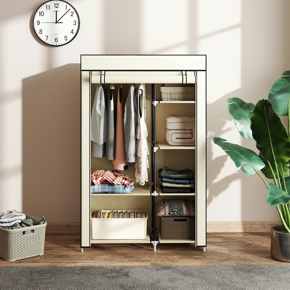 image 1 of HOMCOM Fabric Wardrobe w/ Shelves Hanging Rail Foldable Closets Cream Cream