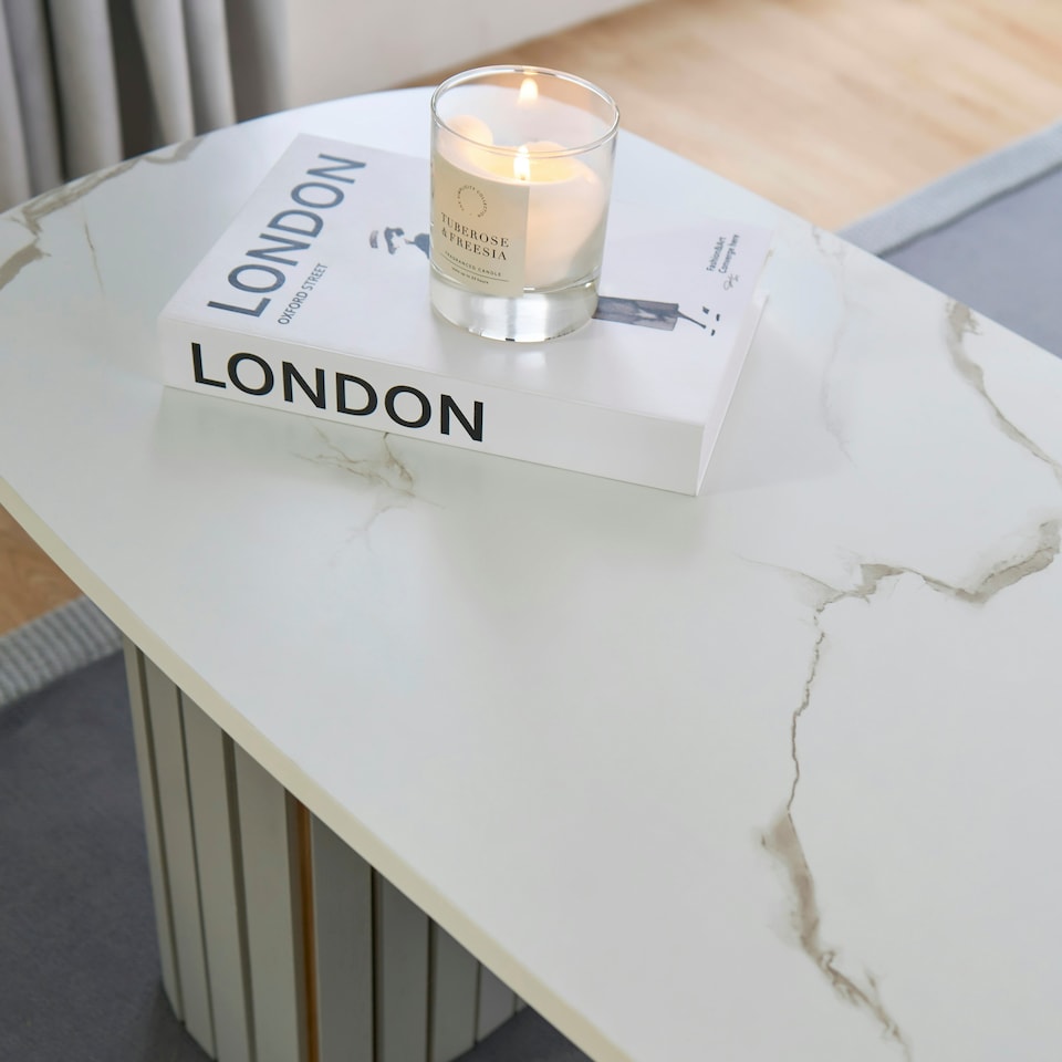 image 1 of OHS Ribbed Curved Home Furniture Living Room Decor Coffee Table White | White Marble