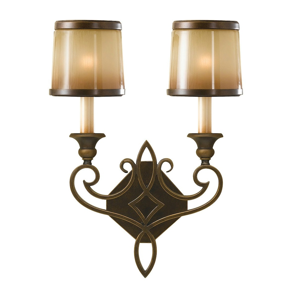 Justine 2 Light Indoor Candle Wall Light Bronze with Oak Glass Shades, E14