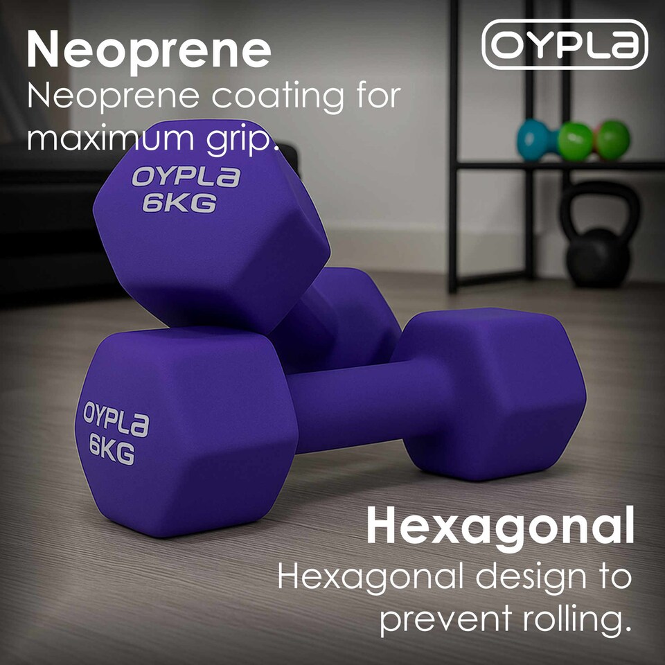 image 1 of Pair of 6kg Hex Anti Roll Neoprene Non Slip Hand Dumbbells Workout Weights