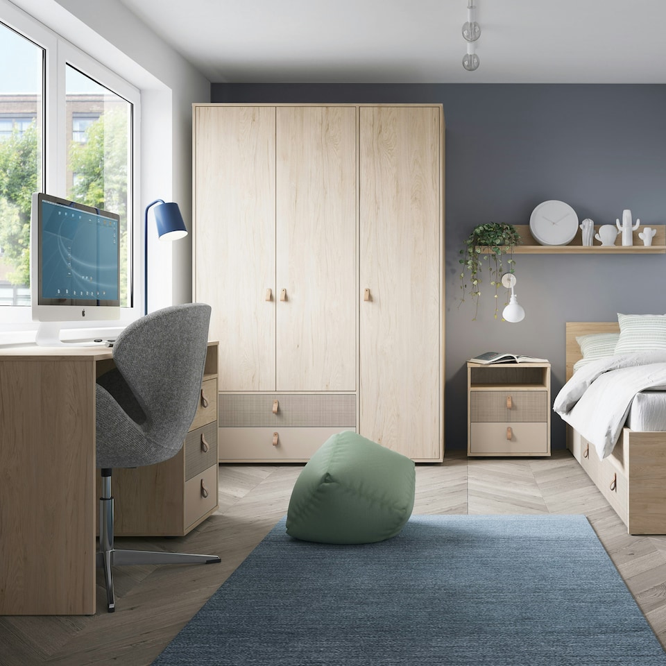 image 1 of Denim 2 Drawer Bedside Cabinet in Light Walnut, Grey Fabric Effect and Cashmere