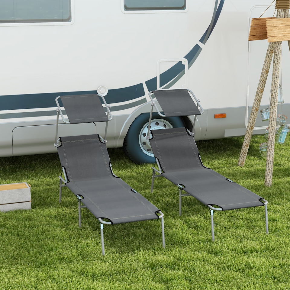 image 1 of Outsunny Folding Sun Lounger Set of 2 w/ Sunshade Adjustable Backrest Grey